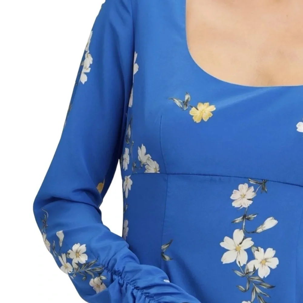 Intermix Mariabella Blue Silk Floral Long Sleeve Scoop Neck Dress Women’s 0 - Picture 2 of 12